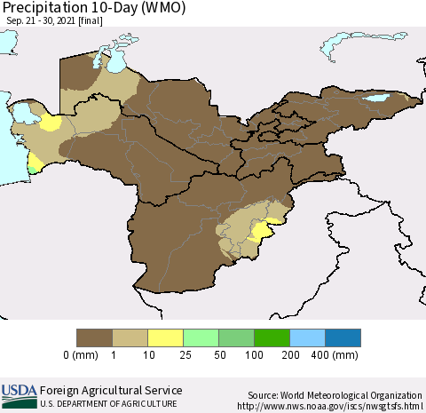 Central Asia Precipitation 10-Day (WMO) Thematic Map For 9/21/2021 - 9/30/2021