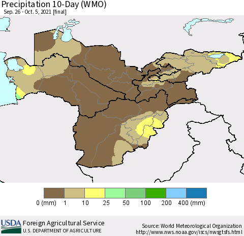 Central Asia Precipitation 10-Day (WMO) Thematic Map For 9/26/2021 - 10/5/2021