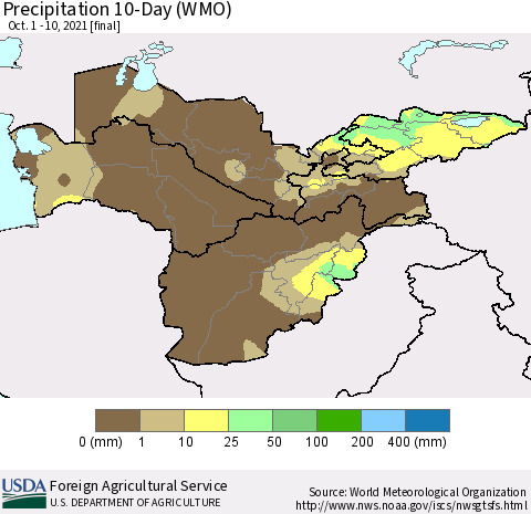 Central Asia Precipitation 10-Day (WMO) Thematic Map For 10/1/2021 - 10/10/2021
