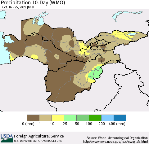Central Asia Precipitation 10-Day (WMO) Thematic Map For 10/16/2021 - 10/25/2021