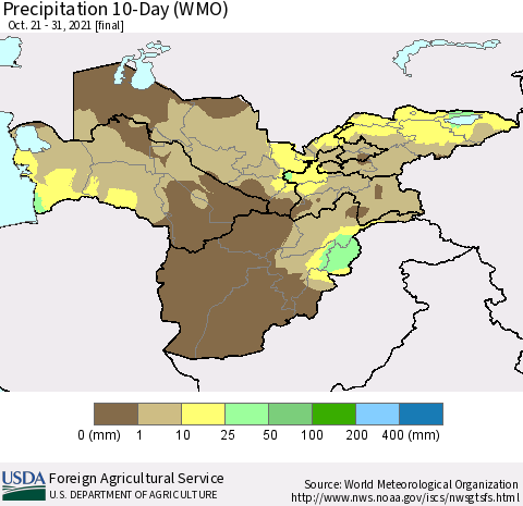 Central Asia Precipitation 10-Day (WMO) Thematic Map For 10/21/2021 - 10/31/2021