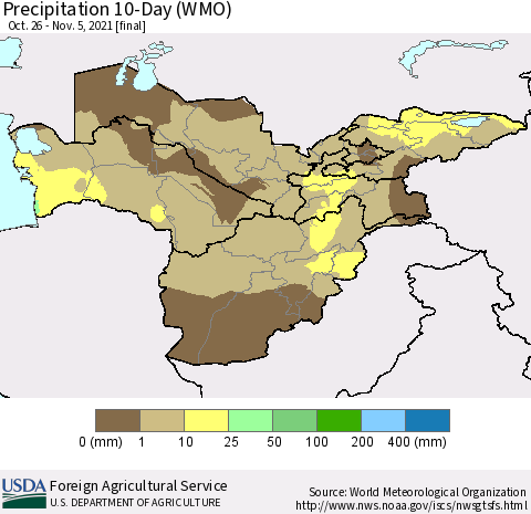Central Asia Precipitation 10-Day (WMO) Thematic Map For 10/26/2021 - 11/5/2021