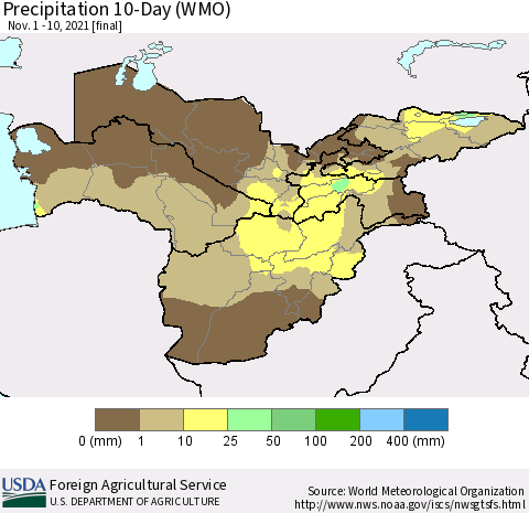 Central Asia Precipitation 10-Day (WMO) Thematic Map For 11/1/2021 - 11/10/2021