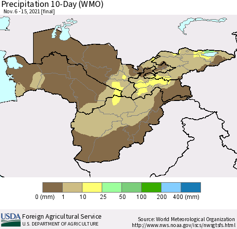 Central Asia Precipitation 10-Day (WMO) Thematic Map For 11/6/2021 - 11/15/2021
