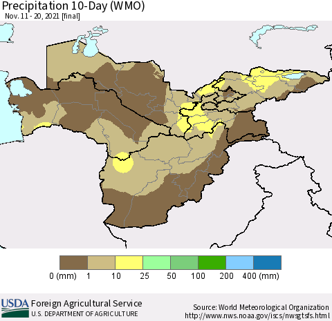 Central Asia Precipitation 10-Day (WMO) Thematic Map For 11/11/2021 - 11/20/2021