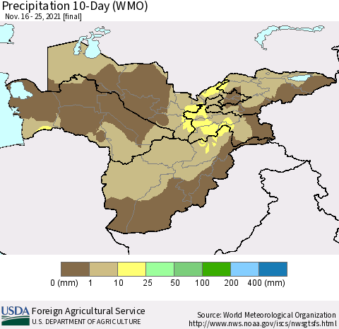 Central Asia Precipitation 10-Day (WMO) Thematic Map For 11/16/2021 - 11/25/2021