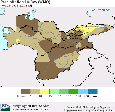 Central Asia Precipitation 10-Day (WMO) Thematic Map For 11/26/2021 - 12/5/2021