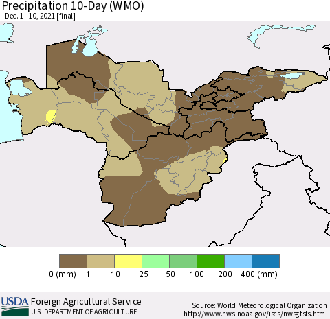 Central Asia Precipitation 10-Day (WMO) Thematic Map For 12/1/2021 - 12/10/2021
