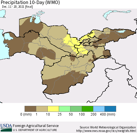 Central Asia Precipitation 10-Day (WMO) Thematic Map For 12/11/2021 - 12/20/2021