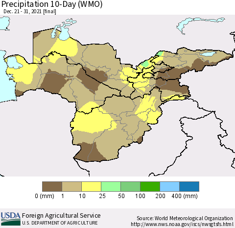 Central Asia Precipitation 10-Day (WMO) Thematic Map For 12/21/2021 - 12/31/2021