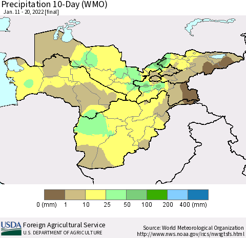 Central Asia Precipitation 10-Day (WMO) Thematic Map For 1/11/2022 - 1/20/2022