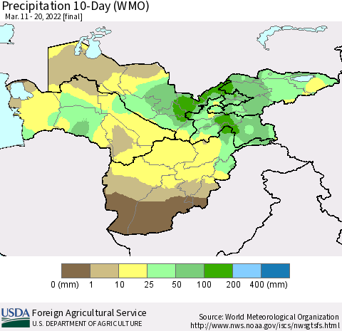 Central Asia Precipitation 10-Day (WMO) Thematic Map For 3/11/2022 - 3/20/2022