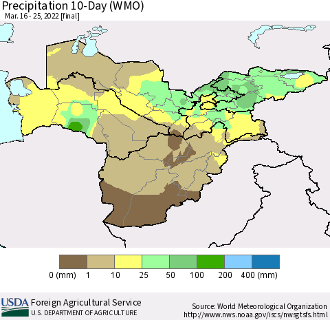 Central Asia Precipitation 10-Day (WMO) Thematic Map For 3/16/2022 - 3/25/2022