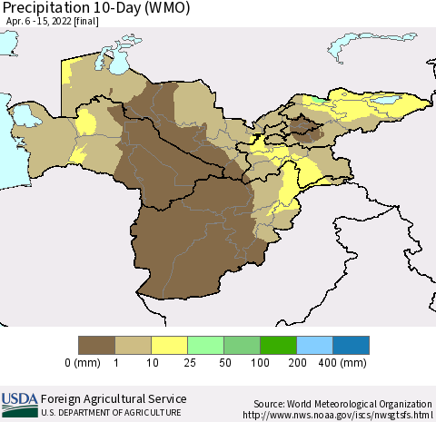 Central Asia Precipitation 10-Day (WMO) Thematic Map For 4/6/2022 - 4/15/2022