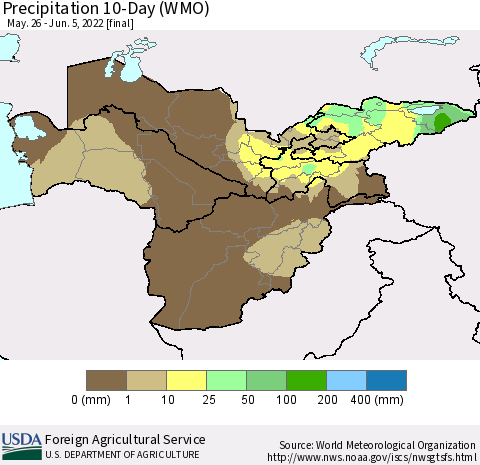 Central Asia Precipitation 10-Day (WMO) Thematic Map For 5/26/2022 - 6/5/2022