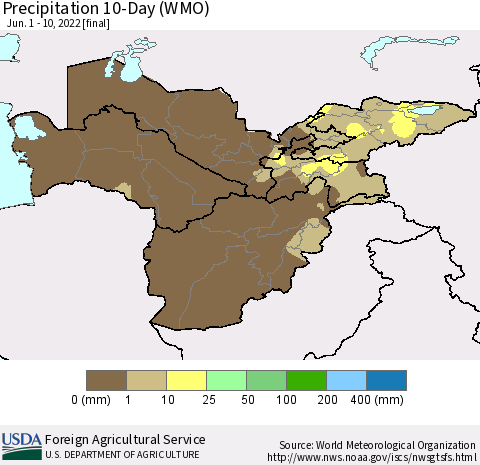 Central Asia Precipitation 10-Day (WMO) Thematic Map For 6/1/2022 - 6/10/2022