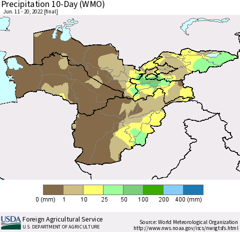 Central Asia Precipitation 10-Day (WMO) Thematic Map For 6/11/2022 - 6/20/2022