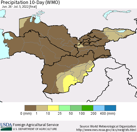 Central Asia Precipitation 10-Day (WMO) Thematic Map For 6/26/2022 - 7/5/2022