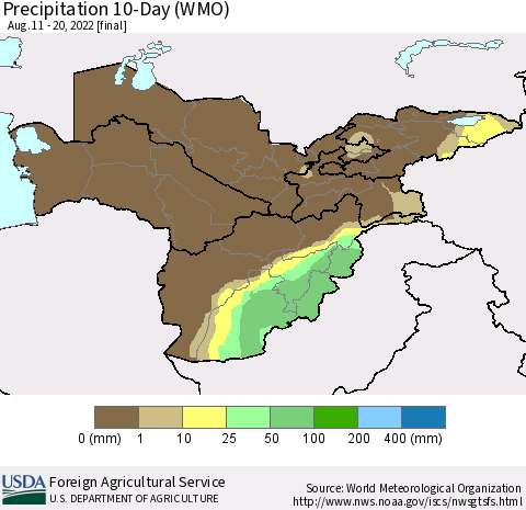 Central Asia Precipitation 10-Day (WMO) Thematic Map For 8/11/2022 - 8/20/2022