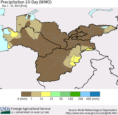 Central Asia Precipitation 10-Day (WMO) Thematic Map For 9/1/2022 - 9/10/2022