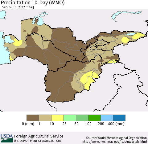 Central Asia Precipitation 10-Day (WMO) Thematic Map For 9/6/2022 - 9/15/2022