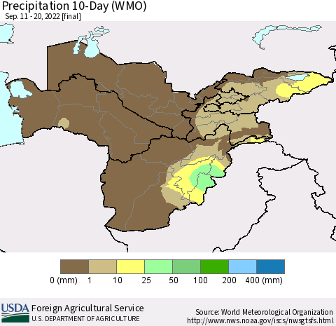 Central Asia Precipitation 10-Day (WMO) Thematic Map For 9/11/2022 - 9/20/2022