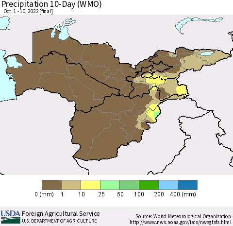 Central Asia Precipitation 10-Day (WMO) Thematic Map For 10/1/2022 - 10/10/2022
