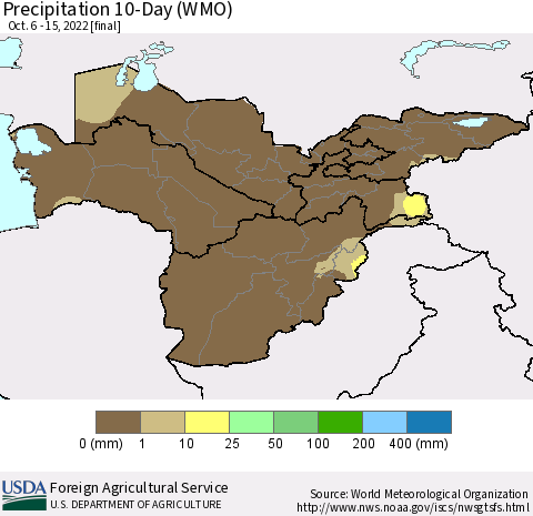 Central Asia Precipitation 10-Day (WMO) Thematic Map For 10/6/2022 - 10/15/2022