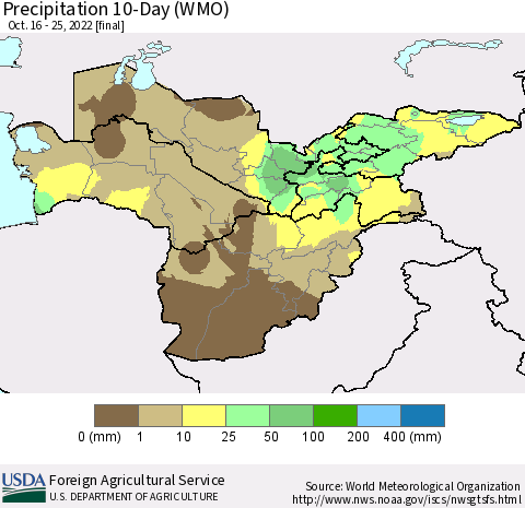Central Asia Precipitation 10-Day (WMO) Thematic Map For 10/16/2022 - 10/25/2022