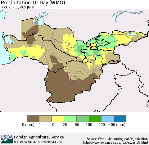Central Asia Precipitation 10-Day (WMO) Thematic Map For 10/21/2022 - 10/31/2022