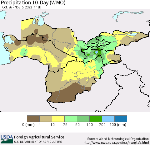 Central Asia Precipitation 10-Day (WMO) Thematic Map For 10/26/2022 - 11/5/2022