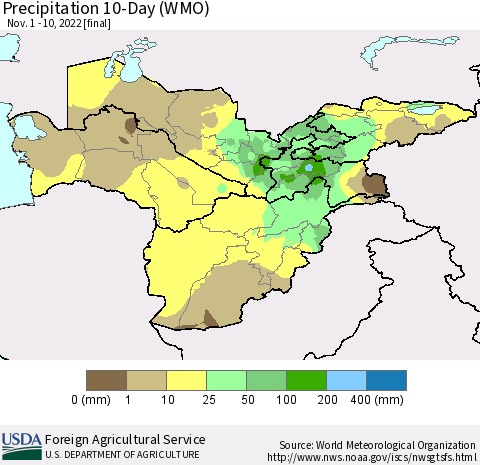 Central Asia Precipitation 10-Day (WMO) Thematic Map For 11/1/2022 - 11/10/2022