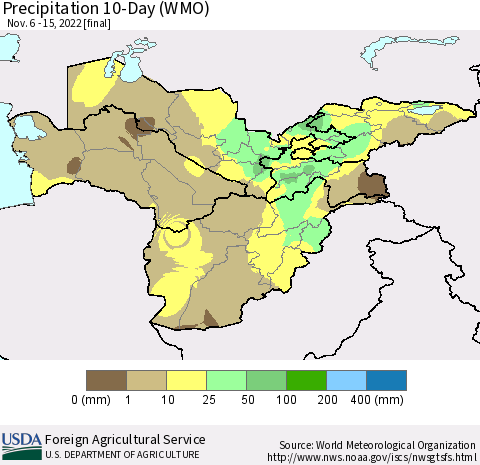 Central Asia Precipitation 10-Day (WMO) Thematic Map For 11/6/2022 - 11/15/2022