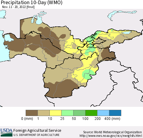 Central Asia Precipitation 10-Day (WMO) Thematic Map For 11/11/2022 - 11/20/2022