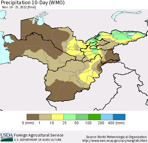 Central Asia Precipitation 10-Day (WMO) Thematic Map For 11/16/2022 - 11/25/2022