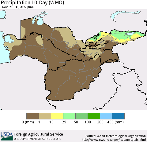 Central Asia Precipitation 10-Day (WMO) Thematic Map For 11/21/2022 - 11/30/2022