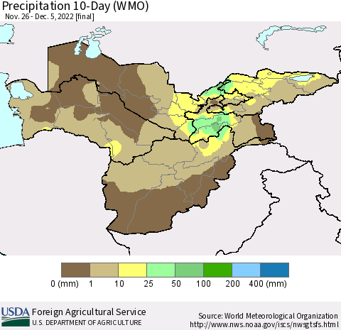 Central Asia Precipitation 10-Day (WMO) Thematic Map For 11/26/2022 - 12/5/2022
