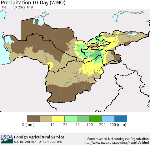 Central Asia Precipitation 10-Day (WMO) Thematic Map For 12/1/2022 - 12/10/2022
