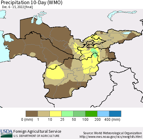Central Asia Precipitation 10-Day (WMO) Thematic Map For 12/6/2022 - 12/15/2022