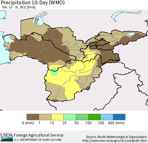 Central Asia Precipitation 10-Day (WMO) Thematic Map For 12/21/2022 - 12/31/2022