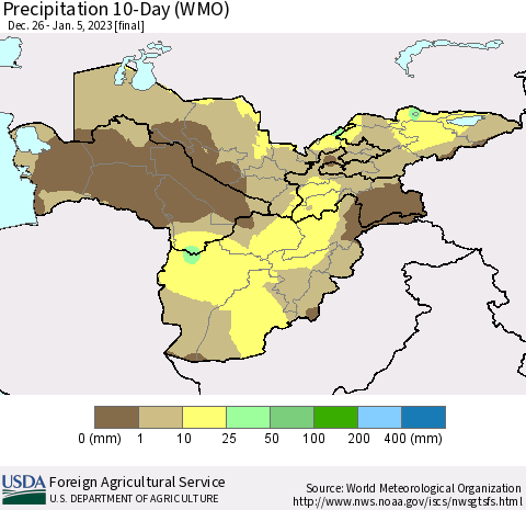 Central Asia Precipitation 10-Day (WMO) Thematic Map For 12/26/2022 - 1/5/2023