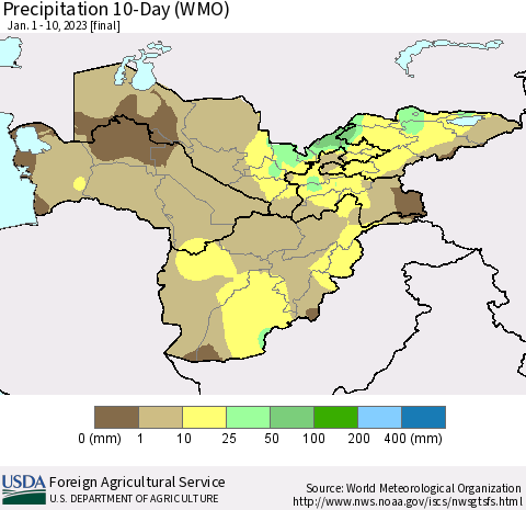 Central Asia Precipitation 10-Day (WMO) Thematic Map For 1/1/2023 - 1/10/2023