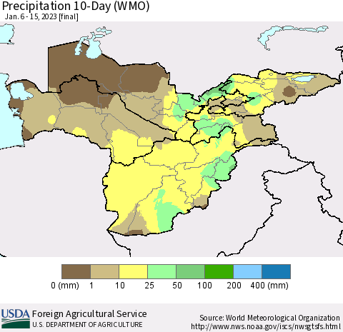 Central Asia Precipitation 10-Day (WMO) Thematic Map For 1/6/2023 - 1/15/2023