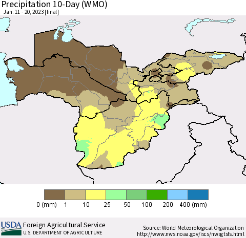 Central Asia Precipitation 10-Day (WMO) Thematic Map For 1/11/2023 - 1/20/2023