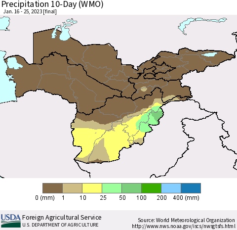 Central Asia Precipitation 10-Day (WMO) Thematic Map For 1/16/2023 - 1/25/2023