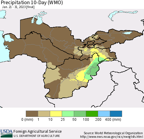 Central Asia Precipitation 10-Day (WMO) Thematic Map For 1/21/2023 - 1/31/2023