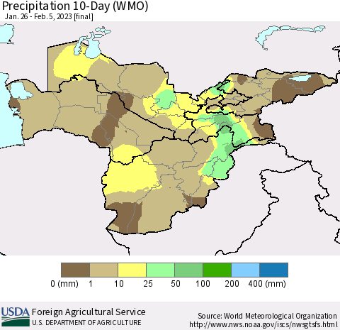 Central Asia Precipitation 10-Day (WMO) Thematic Map For 1/26/2023 - 2/5/2023