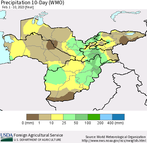 Central Asia Precipitation 10-Day (WMO) Thematic Map For 2/1/2023 - 2/10/2023