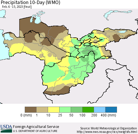 Central Asia Precipitation 10-Day (WMO) Thematic Map For 2/6/2023 - 2/15/2023