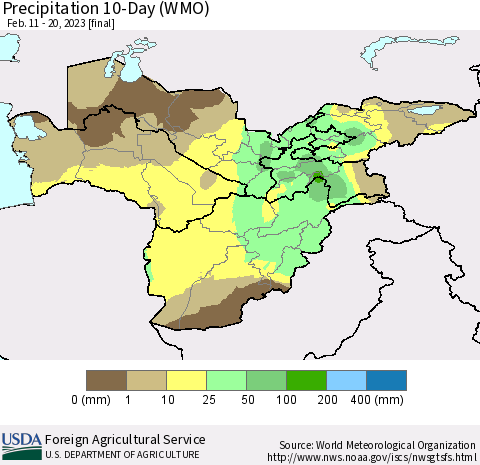 Central Asia Precipitation 10-Day (WMO) Thematic Map For 2/11/2023 - 2/20/2023